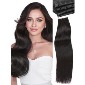 WIGNEE New Double Layered PU OVO Hair Extensions Natural Black Straight Human Hair weft with beads 100% Real Human Hair Extensions 20 Inch Seamless Micro Beads Human Hair Extensions Glueless (1B)