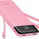 Portable Charger with Built in Cables, Portable Charger with Cords Wires Slim 10000mAh Travel Essentials Battery Pack 6 Outputs 3A High Speed Power Bank for iPhone Samsung Pixel LG Moto iPad (Pink)