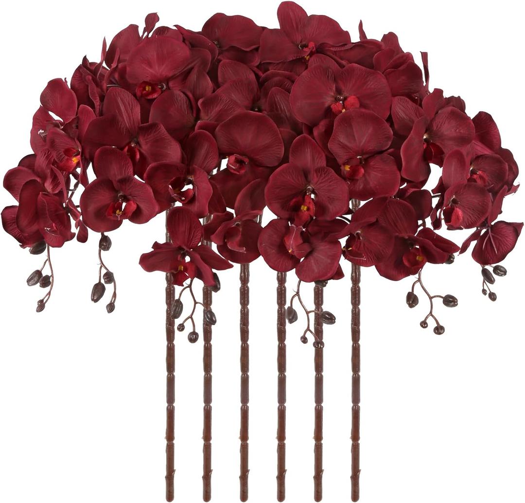 41in Orchids Artificial Flowers Faux Orchid 6PCS Velvet Silk Orchids That Look Real Long Stem Artificial Flowers for Tall Vase for Home Wedding Party Fall Dcor (Burgundy)