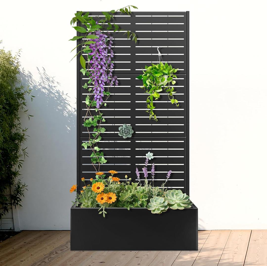 FENCY Metal Raised Garden Bed with Trellis, Metal Planter Box with Trellis, Garden Box for Climbing Plants Vegetable, 35" Lx16 Wx71 H Garden Bed with Drainage Holes(Black-Louvered), 71"x35"