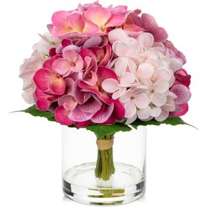 Hollyone Real Touch Pink Hydrangea Artificial Flowers in Vase Latex Small Faux Hydrangea Flowers Arrangements Hydrangeas Fake Flower with Glass Vase with Faux Water for Table Centerpiece Home Decor