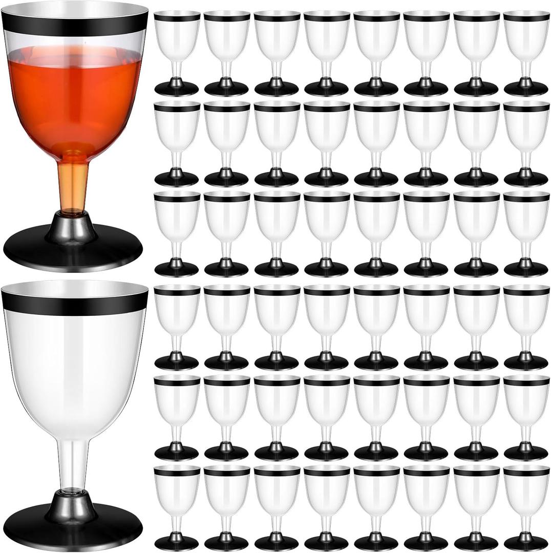 50 Pcs Plastic Wine Glasses Disposable 6 oz Rimmed Wine Cups with Stem Clear Toasting Glasses for Cocktail Champagne Parties Wedding Graduation Birthday Bachelor Party (Black)