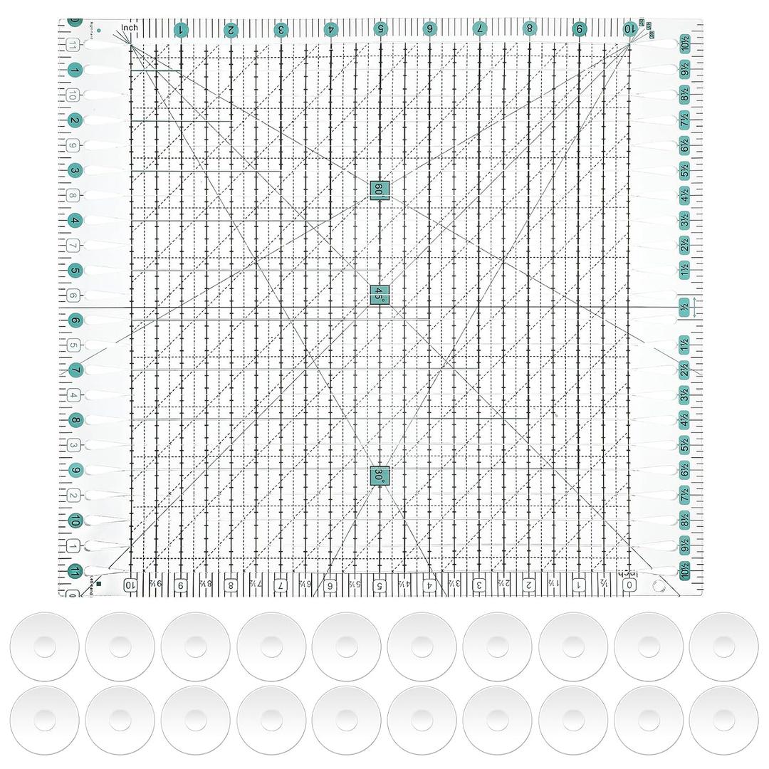 11.5" x 10.5" Quilting Ruler for Precise Fabric Cutting, Slotted Acrylic Ruler Sewing Quilt Strip Rulers with 24pcs Non-Slip Silicone Grips for Quilting, Sewing, Crafts, Green