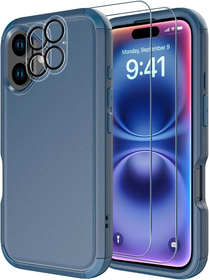2 x Diverbox for iPhone 16 Plus Case [Shockproof] [Dropproof] [Tempered Glass Screen Protector + Camera Protectors] Heavy Duty Protection Phone Case Cover for Apple iPhone 16 Plus (Blue)