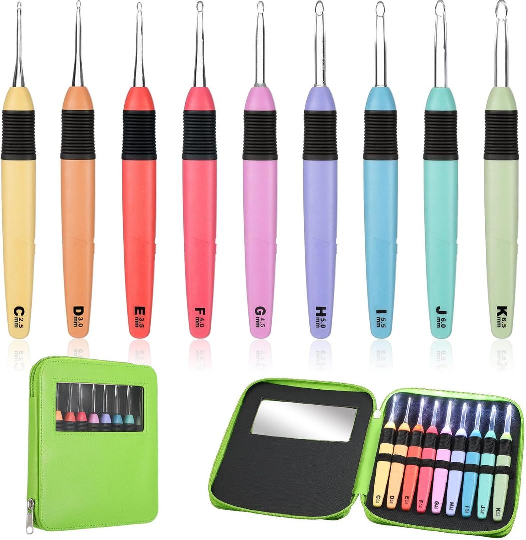 Chuangdi 9 Pieces Lighted Crochet Hooks with Case 9 Size LED Light Crochet Hooks Set Knitting Needles Craft Yarn Weaving Needles Comfortable Smooth Handle for Knitting, 2.5 mm-6.5 mm(Colorful)