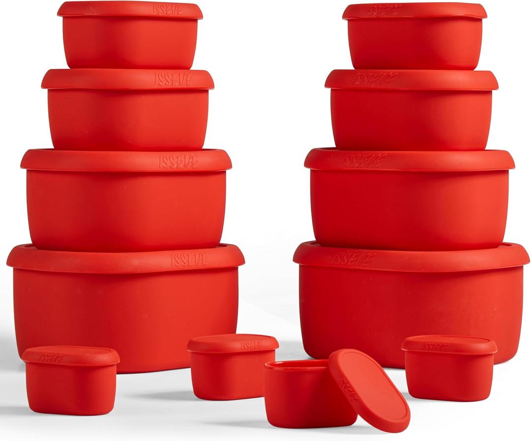 ISSEVE 12Pcs/Set Nesting Silicone Food Storage Containers with Lids, BPA Free Reusable Meal Prep Silicone Containers Airtight, Freezer Dishwasher Safe (33.8oz, 20oz, 10oz, 6.7oz, 1.3oz) (Red)