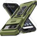 DEERLAMN Case for Google Pixel 8 with Slide Camera Cover+Screen Protector (1 Pack), Rotated Ring Kickstand Military Grade Shockproof Heavy Duty Protective Cover-Olive Green