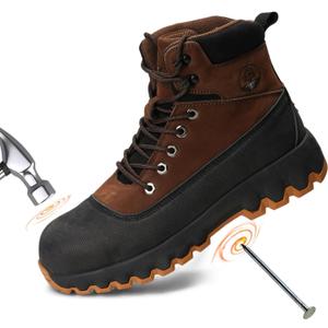 Mens Work Boots Composite Toe Boots for Men Genuine Leather Rubber Sole No Slip Waterproof Shoes Industrial & Construction Safety Boots (12, Brown)