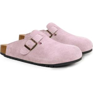 EVELLYHOOTD Women's Men's Suede Clogs Leather Mules Cork Footbed Sandals Comfort Potato Shoes with Arch Support (with Socks), Pink, 38