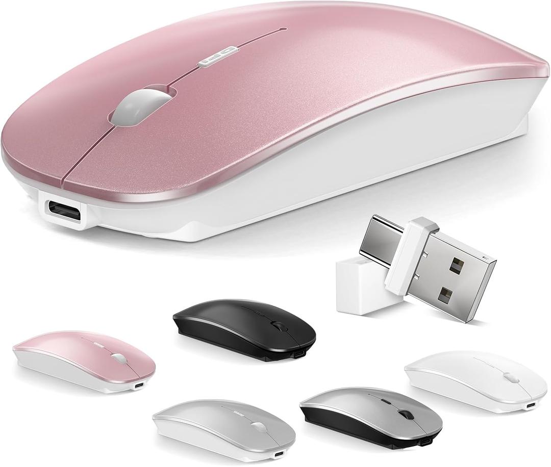Mouse for MacBook Wireless Bluetooth Mouse Laptop MacBook Air Mac Pro Rechargeable Silent PC iPad Optical Mouse with Dual Mode Switch Bluetooth 5.2/3.0 and 2.4GHz USB Type-C Receiver, Rose Gold