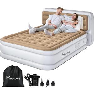 YITAHOME Queen Size Air Mattress with Pump and Banded Headboard, 18in Luxury Flocked Top Blow up Mattress, Durable Inflatable Mattress for Home & Guests, Brown AirBed