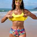 Edelqual Bikini Sets for Women Ruffled Leopard Halter Top Floral High Waisted Tummy Control Crisscross Tie Back Bathing Suit (Yellow, L)