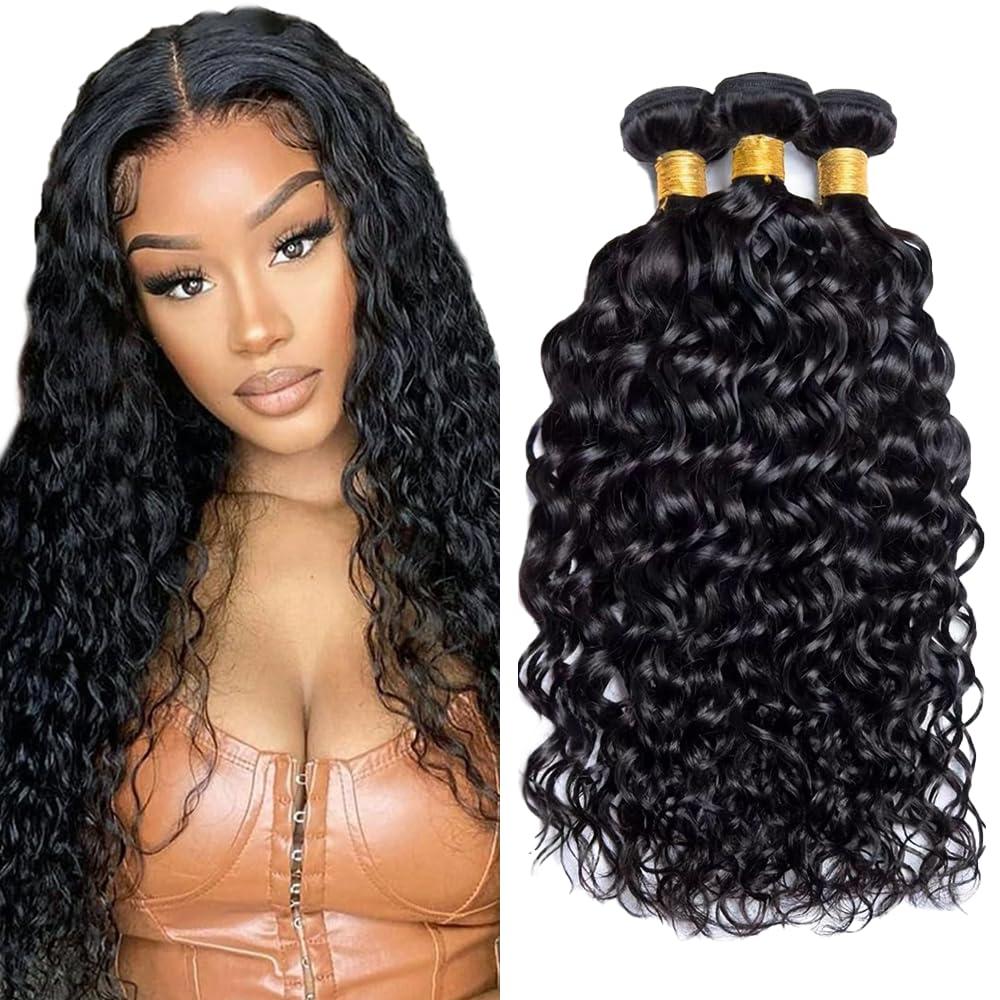 26 28 30 Inch 1b Bundles Human Hair Water Wave Bundle Mixed Length 3 Bundles GveoXvo Natural Color Wet and Wavy Bundles Human Hair (#1B Black WT)