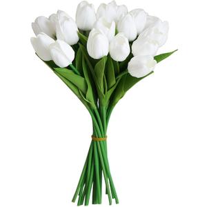 20 PCS Tulips Artificial Flowers, Real Touch Fake Flowers, White Artificial Tulips That Look Real Wedding Decorations Mother's Day Easter Gifts (20, White)