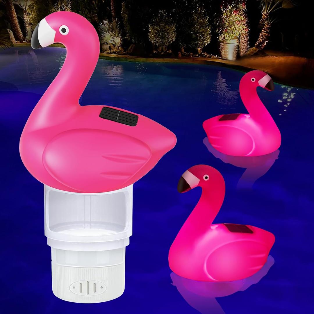 Solar Pool Chlorine Floater, 7 inch Flamingo Chlorine Floater with Light, Glow in the Dark Chlorine Tablet Floater, Adjustable Release and Easy Opening Floating Chlorine Dispenser for Pool, Hot Tub
