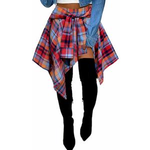 Women's Plaid Skorts Skirts - High Waisted Tie Front Pleated Summer Asymmetrical Skirt with Shorts (Medium)