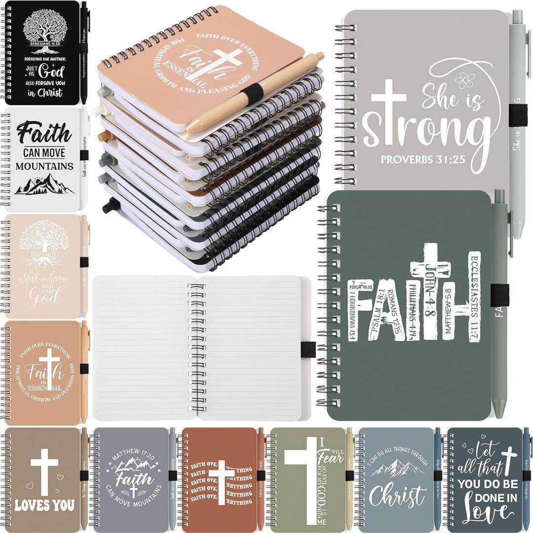 Resurhang 48 Pcs/24 Set Christian Gifts Bulk Religious Spiral Notebook with Bible Verse Ballpoint Pens Christian Notebook Inspirational Journals Prayer Notepad for Church Pastor Sunday School