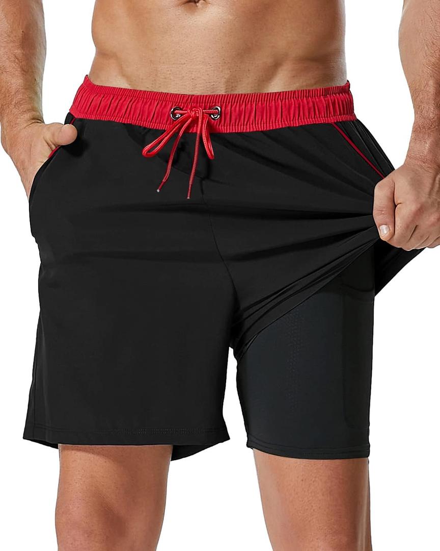SILKWORLD Mens Swim Trunks with Compression Liner 2 in 1 Quick Dry Bathing Suit Beach Shorts with Zipper Pockets (Black, XXL)