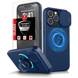 for iPhone 15 Pro Max Case Magnetic Compatible with MagSafe Wireless Charging,with 2 Screen Protectors,Built-in Kickstand Ring+Camera Cover Anti-Scratch Shockproof Heavy Duty Protection Blue
