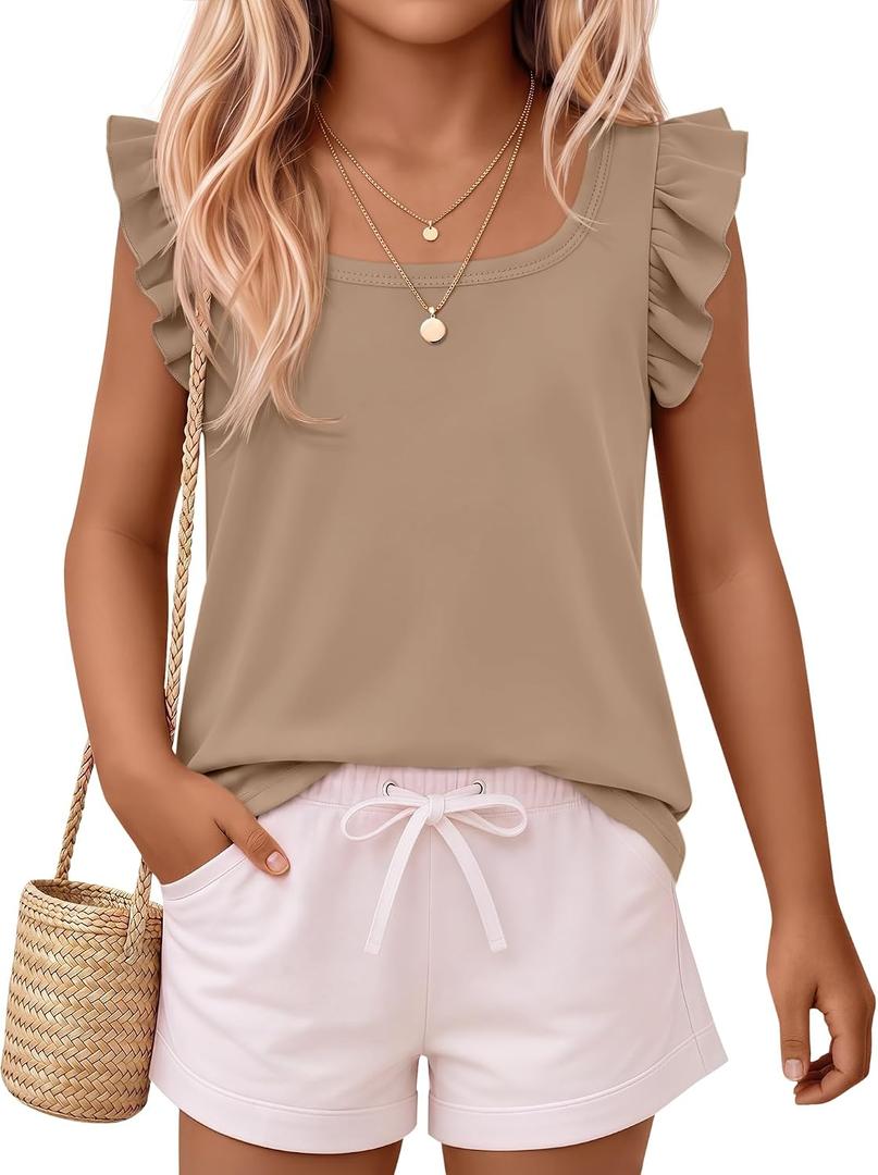 3 x Xaatren Girls' Ruffle Sleeve Tank | Square Neck Tops, Loose Fit, Summer, Kids, Teen, Casual, Basic, Solid, Cute, Sleeveless Shirts, Breathable, Vacations, 5-14Y