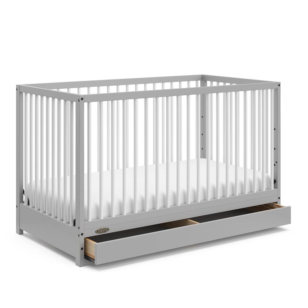 Graco Teddi 5-in-1 Convertible Crib with Drawer (Pebble Gray with White)  GREENGUARD Gold Certified, Crib with Drawer Combo, Full-Size Nursery Storage Drawer, Converts to Toddler Bed
