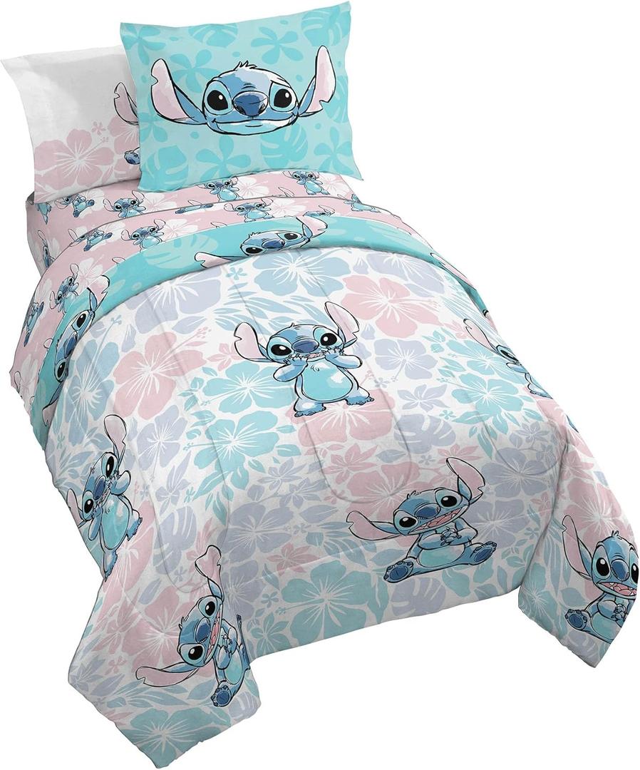 Jay Franco Disney Lilo & Stitch Full Comforter Set - 7 Piece Bedding Includes Sheet Set & Pillow Covers - Super Soft Kids Floral Bedding (Multicolor)