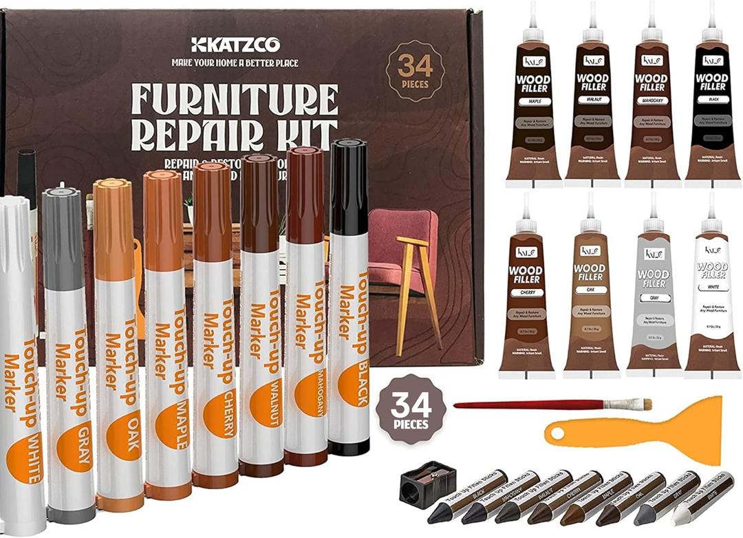 Katzco Set of 34 Wood Markers Furniture Repair Kit - Wood Scratch Repair Markers and Wax Sticks with Sharpener - for Stains, Scratches, Floors, Tables, Desks, Carpenters, Bedposts, Cover-Ups