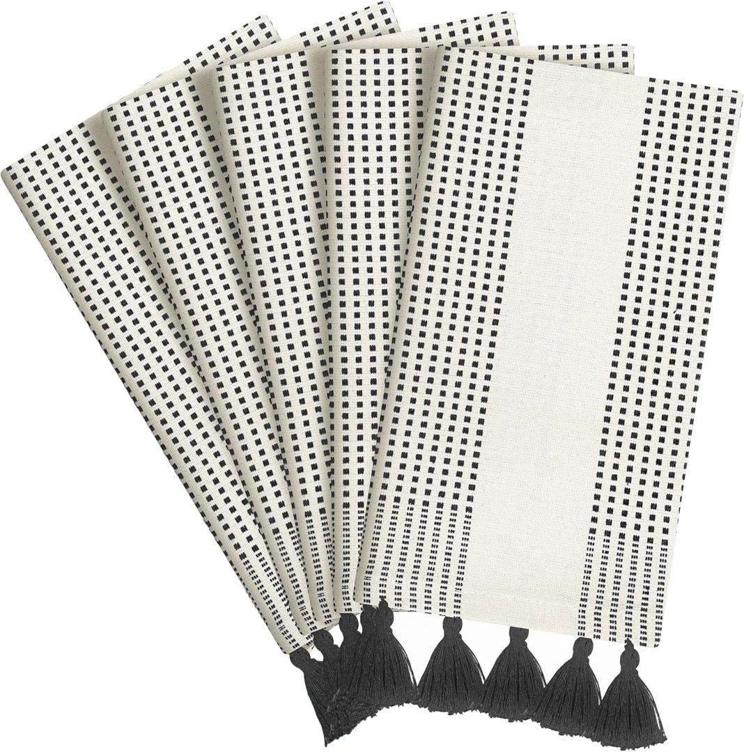 Black Decorative Dotted Kitchen Towels 16x26 Inch, 5 Pack, Ultra Absorbent, Soft, 100% Cotton Towels with Tassels, Fast-Dry for Cleaning, Drying Dishes, and Everyday Use