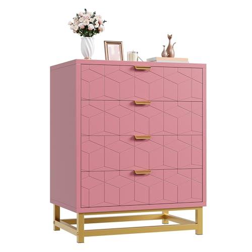 IDEALHOUSE Pink Dresser for Bedroom, 4 Drawer Dresser with Metal Legs, Wood Dressers Chest Organizer with Wide Storage, Modern Chest of Drawers for Bedroom, Living Room, Hallway