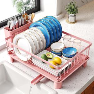 SNTD Dish Drying Rack - Small Dish Rack for Kitchen Counter, Stainless Steel Dish Drainer with Utensil Holder and Drainboard, 11" W x 15" L (Pink)
