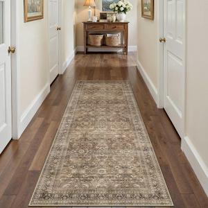 HUGEAR 2x6 Runner Rug Hallway Vintage Brown Machine Washable Retro Floral Low Pile Carpet Vacuumable Distressed Long Throw Rug Bedroom Office Bathroom Kitchen Laundry Non Slip Soft Lightweight