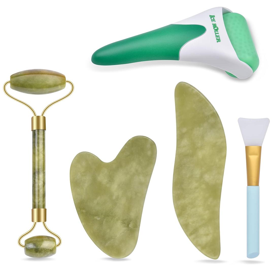 Charmonic 6 in 1 Ice Roller & Jade Roller and Gua Sha Set, Facial Massage Kits, Facial Roller Kit with Gua Sha Tool and Silicone Brush, Anti-Aging Jade Stone Massager for Face, Eyes, Neck Massage (6 Pcs-green)