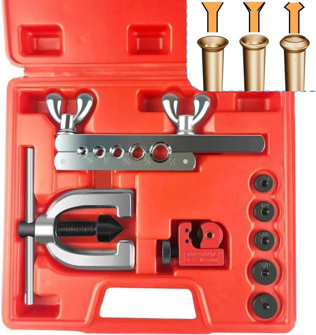 Brake Line Flaring Tool Kit, 3/16", 1/4", 5/16", 3/8" and 1/2 Double & Single Tubing Flare Tool for Copper and Aluminum Fuel Line Tube