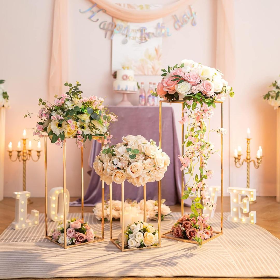 Cylinder Pedestal Stands for Party: Three-Piece Set - 15.7/23.6"/31.5" Tall Cake Pedestal Stand for Party - Gold Cylinder Cake Table for Outdoor Indoor