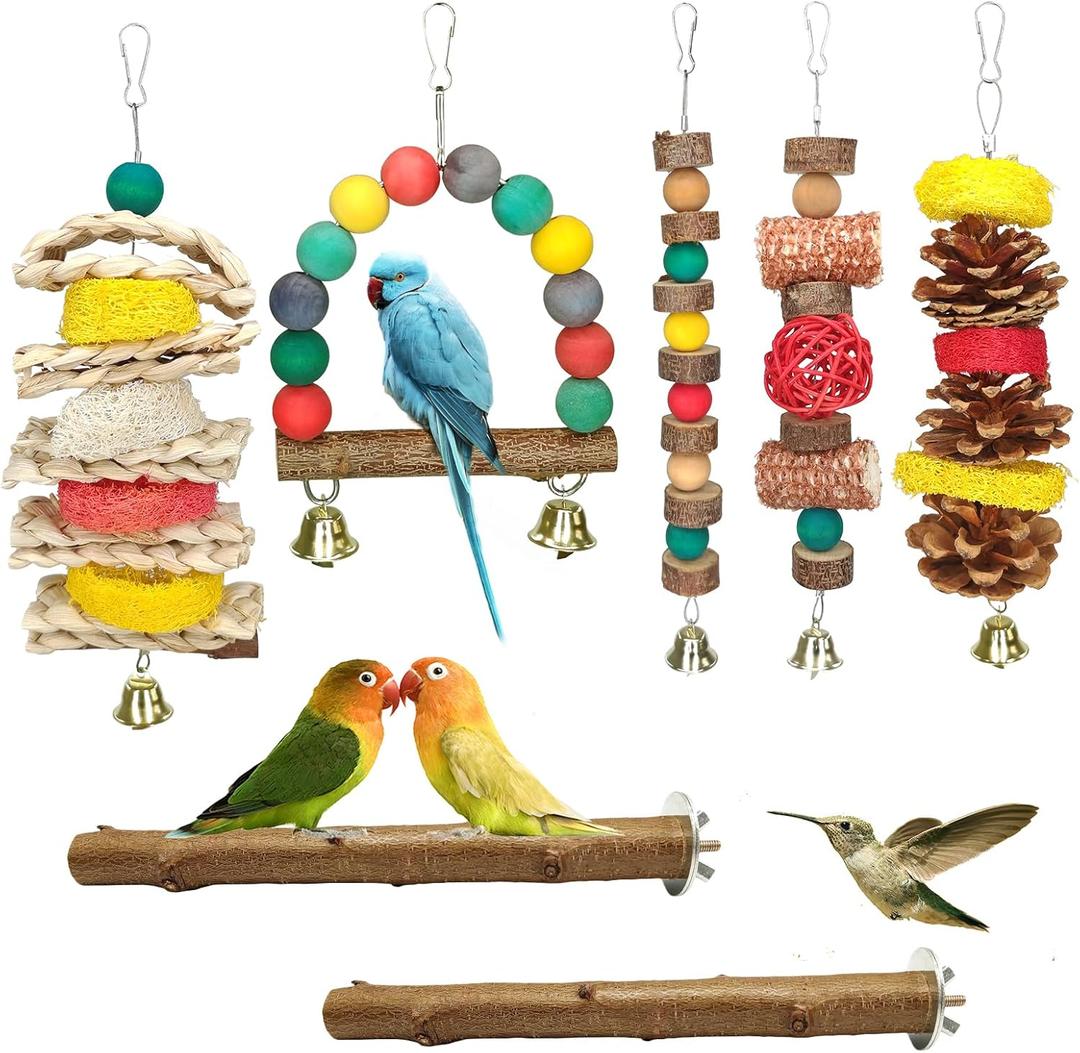 JOREWOOD 7 Pcs Natural Wood Bird Toy & Perch for Parakeets, Cockatiel & Lovebird, Budgie Play Accessory for Small Parrots Indoor Cage (Colorful)