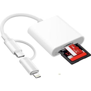 SD Card Reader for iPhone iPad Mac, USB C & Lightning Dual Connector Digital Camera Adapter to iPhone, SD Card Adapter Memory Card Reader for SD/TF/Sim Card, Plug & Play, Camera Accessories (2 Slot)