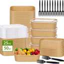 DI QIU REN 50-Pack 25oz Paper Bowls, Disposable Food Containers with Lids and Forks, Cardboard Meal Prep Containers for Diet Salad, Pasta (kraft Paper Rectangular, 25oz 50 Count)