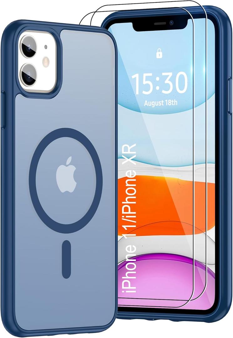 for iPhone 11 Case,iPhone XR case [Compatible with Magsafe] Translucent Matte Magnetic Phone Case,Slim Thin Duty Shockproof Protection Cover with 2pc HD Screen Protector-Dark Blue