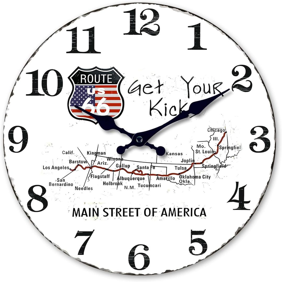 Route 66 Map Wood Wall Clock Battery Operated 16 Inch Rustic Wall Clocks for Living Room Decor Analog Silent Clock for Wall