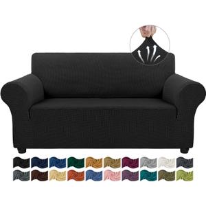 Asnomy Sofa Covers for 2 Cushion Couch Stretch loveseat Cover Slipcovers, Pet Protector Furniture Covers for Dogs Cats Spandex Jacquard Fabric Small Checks（Medium， Black）