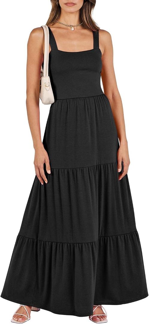 ANRABESS Women's Summer Casual Long Maxi Beach Vacation Dresses Sleeveless Square Neck Flowy Tiered Sun Dress with Pockets (Black, M)
