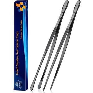 JETKONG 2 Pcs 16-Inch Heavy Duty Plating Tongs, Extra-Long Kitchen Fine Tongs Large Stainless Steel Cooking Forceps (Black)