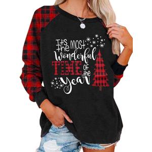 TAOHONG Merry Christmas Sweartshirt for Women Xmas Buffalo Plaid Tree Tops Color Block Snowflake Print Long Sleeve Shirt (Black, M)
