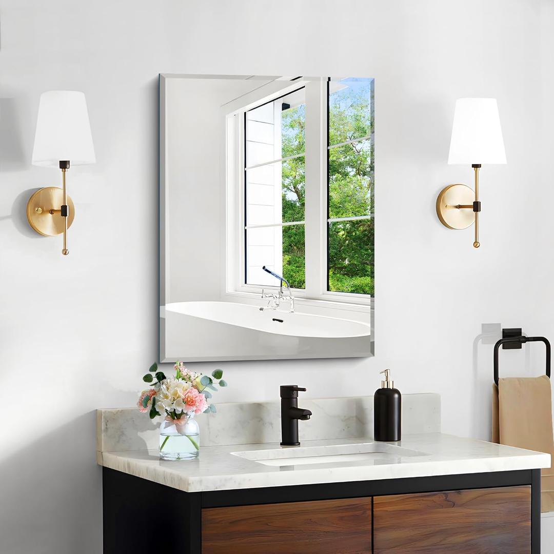 CILIBER Beveled Mirror, 18x24 Frameless Beveled Bathroom Mirrors for Wall, 3mm Tempered Glass Rectangle Vanity Mirror with Beveled Edge, Crystal-Clear, Hangs Horizontally or Vertically