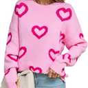 Women Y2k Valentines Oversized Knit Sweater Heart Print Long Sleeve Crew Neck Loose Pullover Tops Streetwear (Medium, Pink-rose Red Heart)