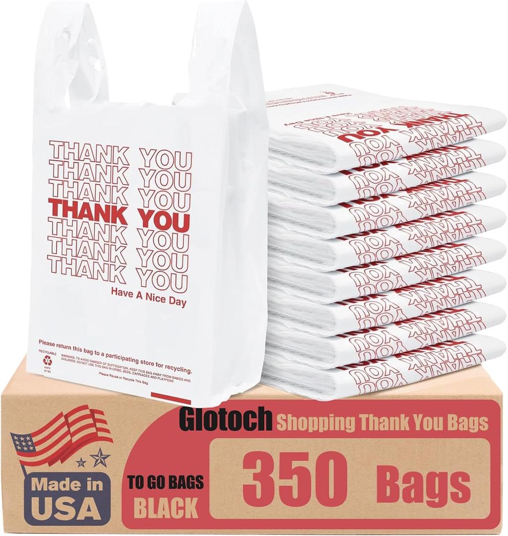 Glotoch Thank You Plastic Bags with Handle White (350 Count), 11.5 x 6.5 x 21" Grocery Shopping T-shirt Bags for Restaurants, Convenience Store,Takeout,To Go, Retail Merchandise, Supermarket