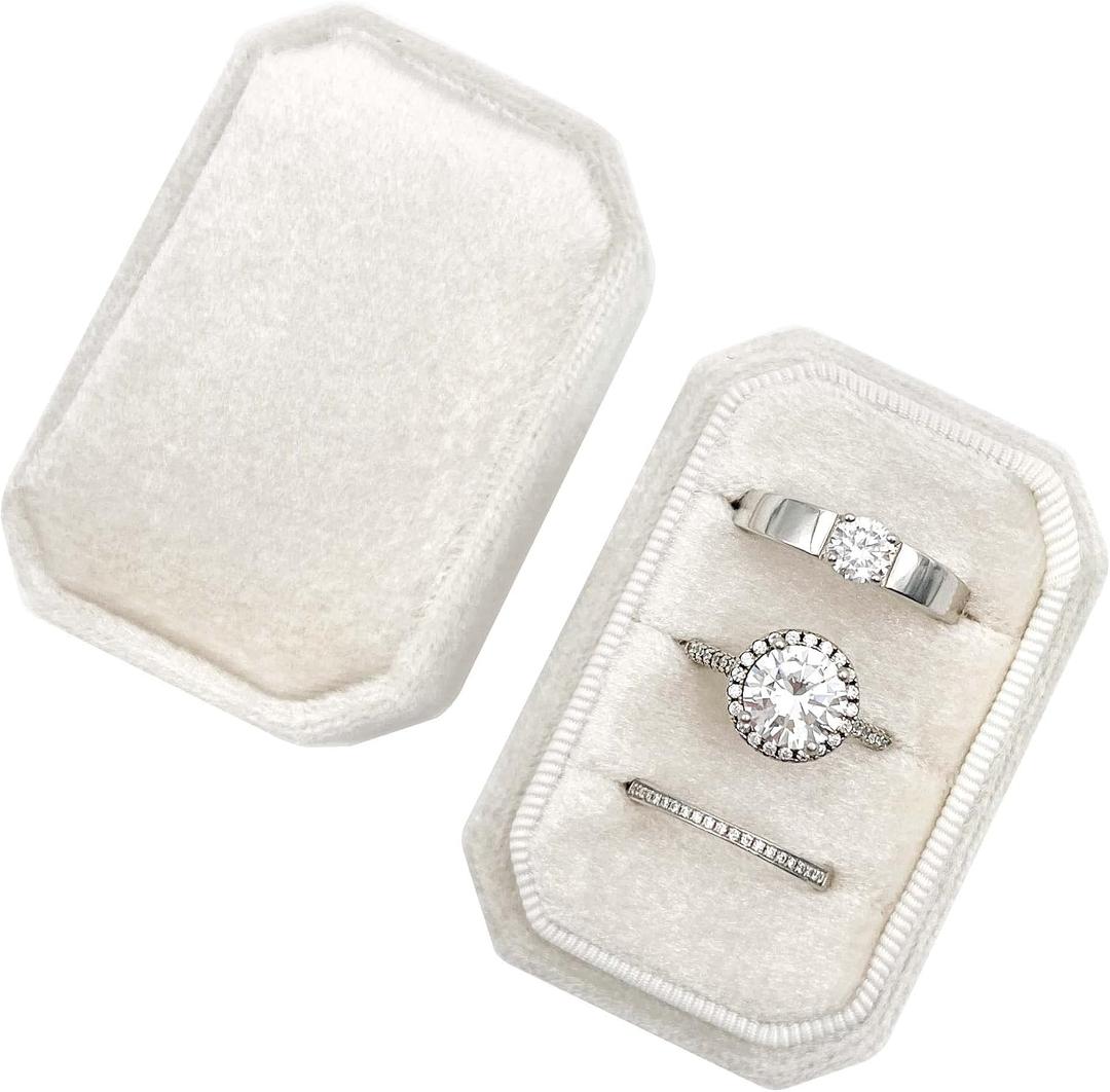 Octagonal Rectangle Velvet Ring Box 3 Slots - Premium Handmade Wedding Three Rings Bearer Holder Vintage Orthogon Jewelry Storage for Ceremony Proposal Engagement