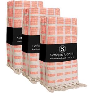 Matrix Dobby Kitchen Towels 12 Pack 100% Cotton, 16x26 Inches, Decorative Tea Towels with Handmade Tassels, Absorbent, Reusable Dish Cloths for Drying Dishes - Bright Orange, Natural
