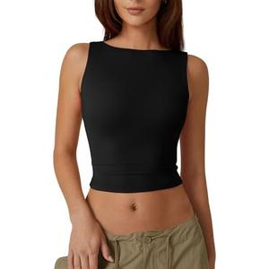 QINSEN Women's Sexy Open Back Sleeveless Crop Tank High Neck Slim Fit Cropped Tee Shirt Y2k Tops size s