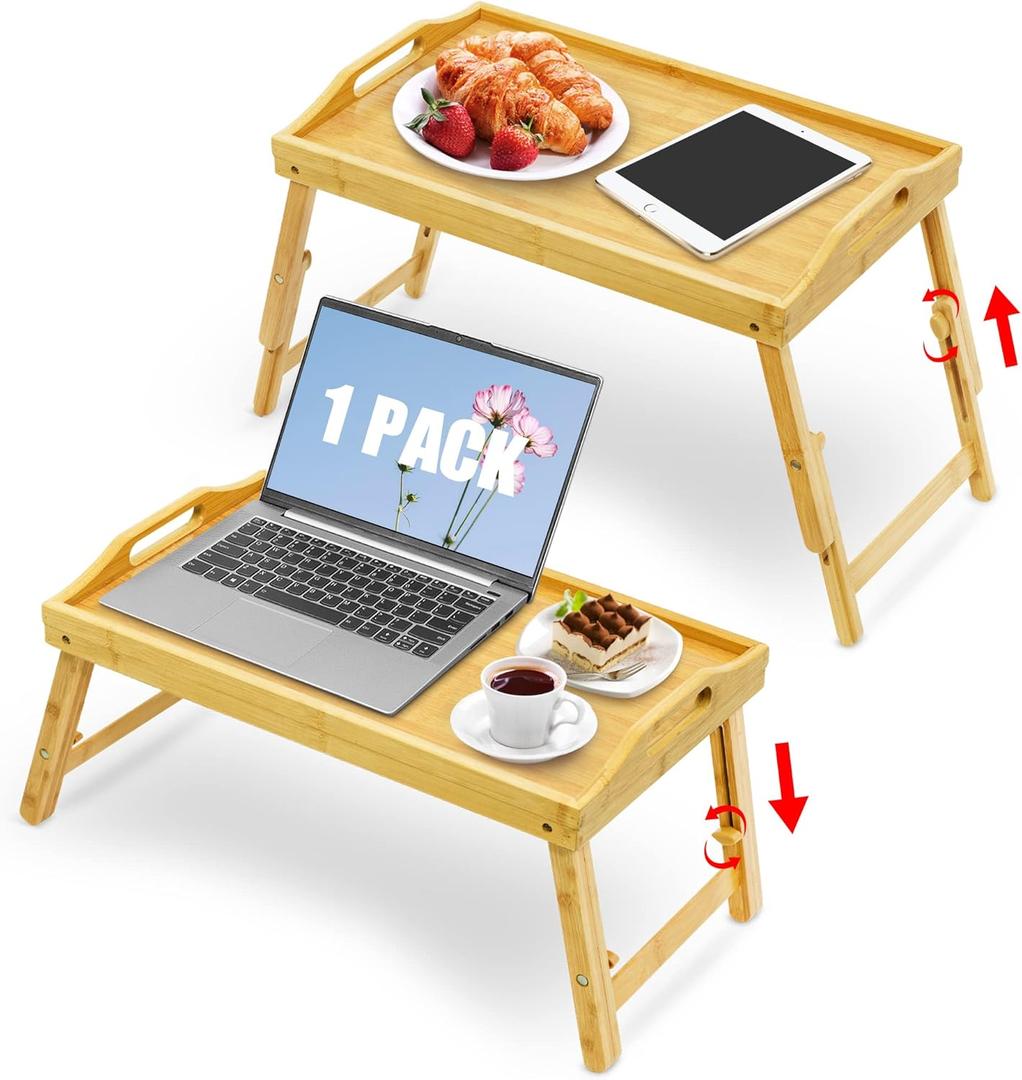 Large Breakfast Bed Tray for Eating - Height Adjustable Raised Food Table - Bamboo Serving Tray on Lap Sofa - Portable Snack Platter with Folding Legs Ideal for Bedroom Picnic - Natural Lar